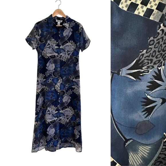 Vintage 90s does 40s Robbie Bee Silk Shirt Dress Size 8 Abstract Blue - Picture 1 of 6